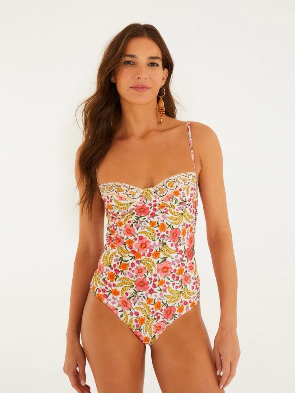 FARM Rio Pink and Yellow Floral Sweetheart One-Piece Swimsuit